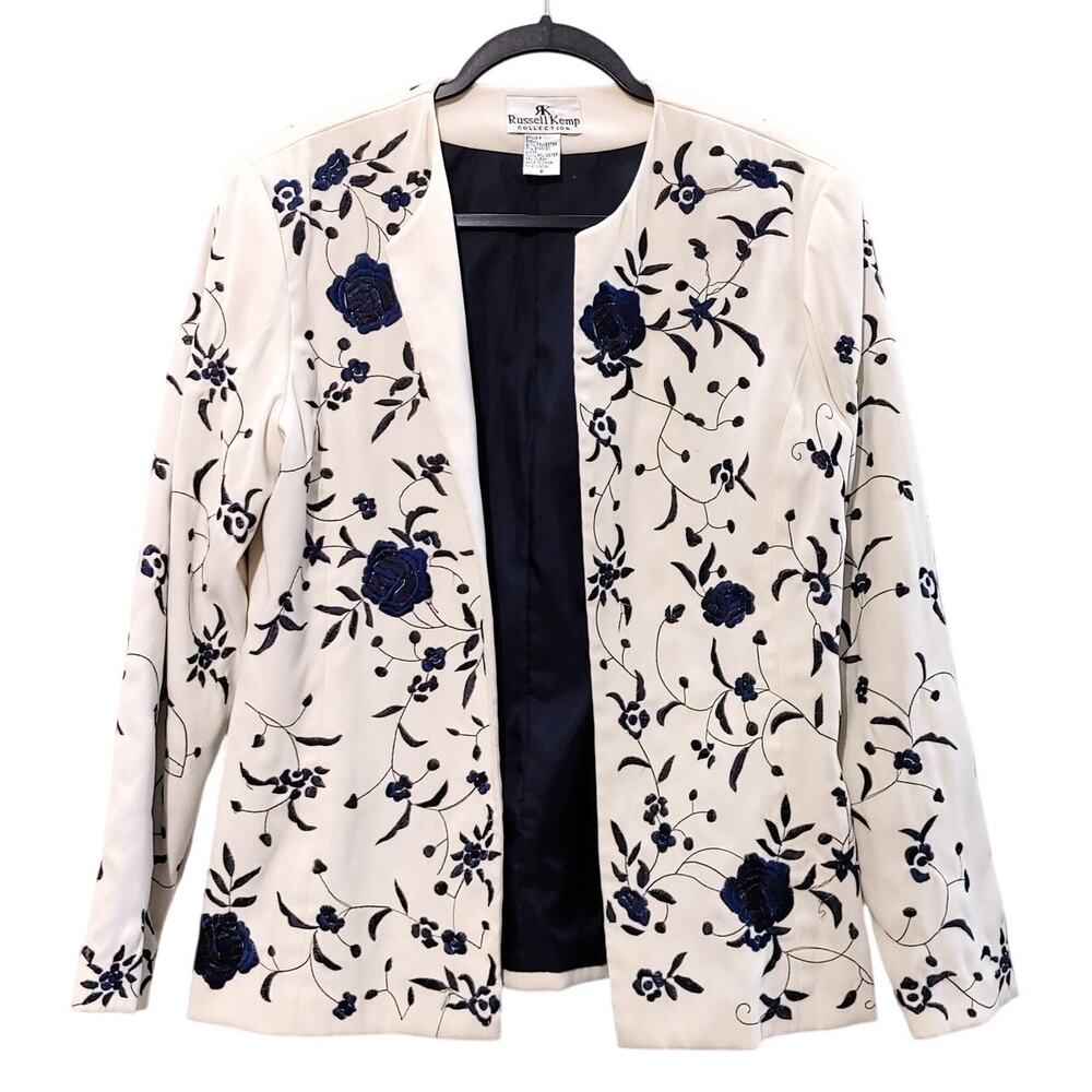 Russell Kemp Floral Open Front Blazer Jacket Navy Blue White Womens Size 8